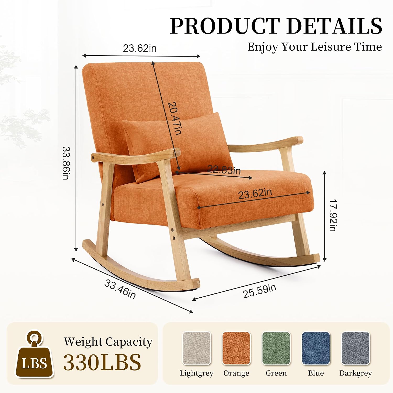 SAETSFEG Rocking Chair for Nursery with Lumbar Pillow, Upholstered Accent Chair with Solid Rubberwood Frame, Living Room & Bedroom, Cozy Reading Chair for Small Spaces, Orange
