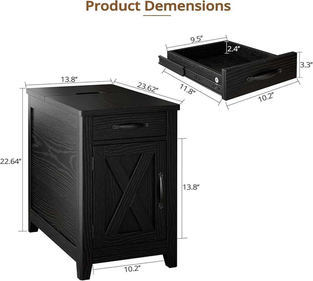 IRONCK End Table with Charging Station, Narrow Side Table for Living Room, Farmhouse Night Stand for Bedroom, Bedside Table with Storage and Drawer for Home, Black