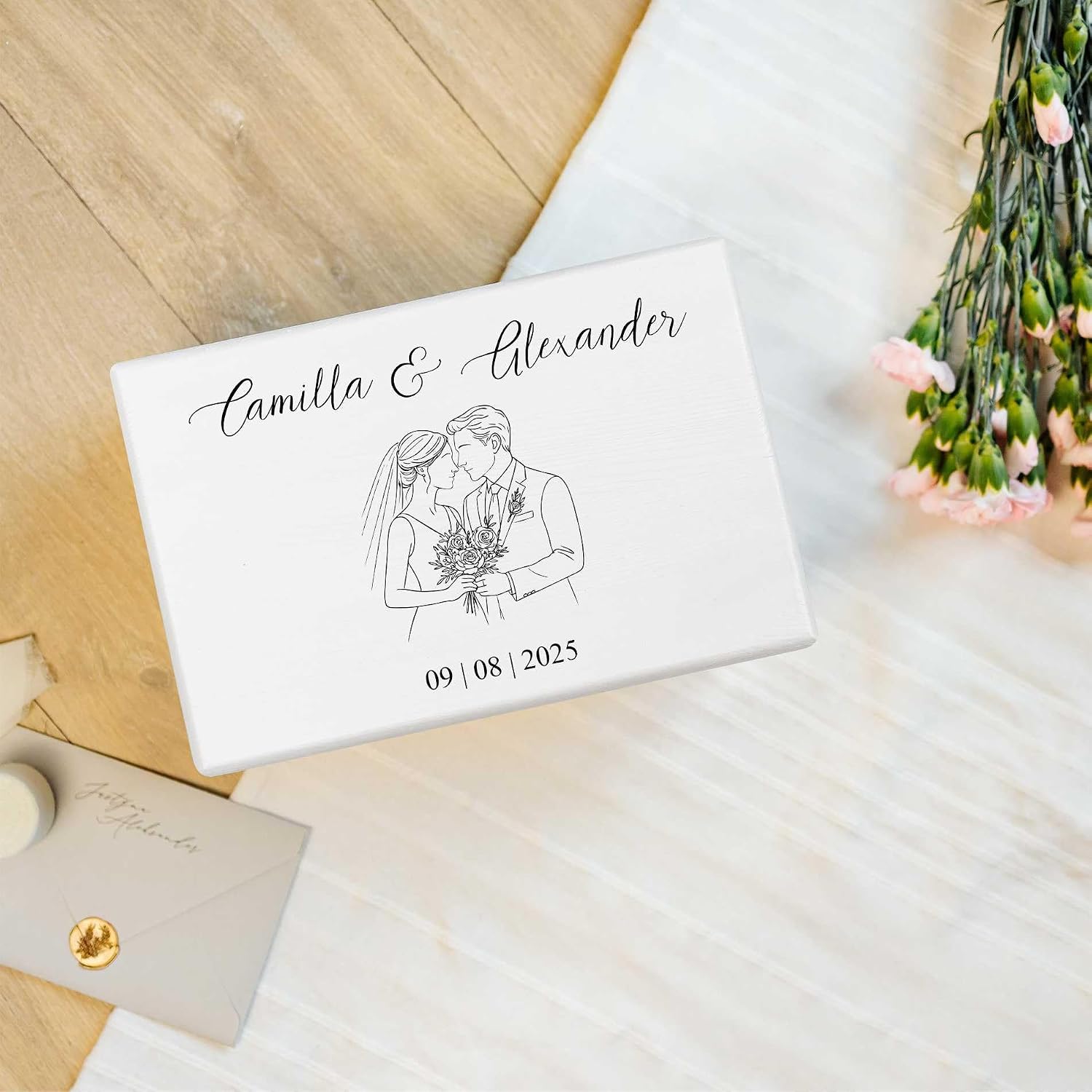 Creative Deco Personalized White Wooden Storage Box Wedding Box | 11.8x7.87x5.51in (+-0.5) | Couple | Hinged Lid Handles Engraving | Gift Box | UNSANDED Keepsake Souvenir Chest