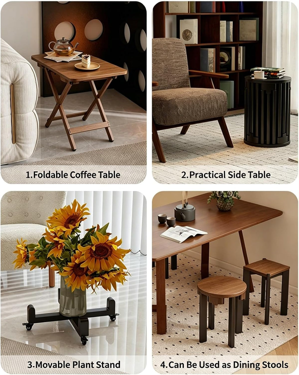 Stackable Stools Set of 6, Round Wooden Stools Nesting Side Tables with Locking Casters, 360°Swivel Versatile Coffe Table for Living Room,Office(Walnut)