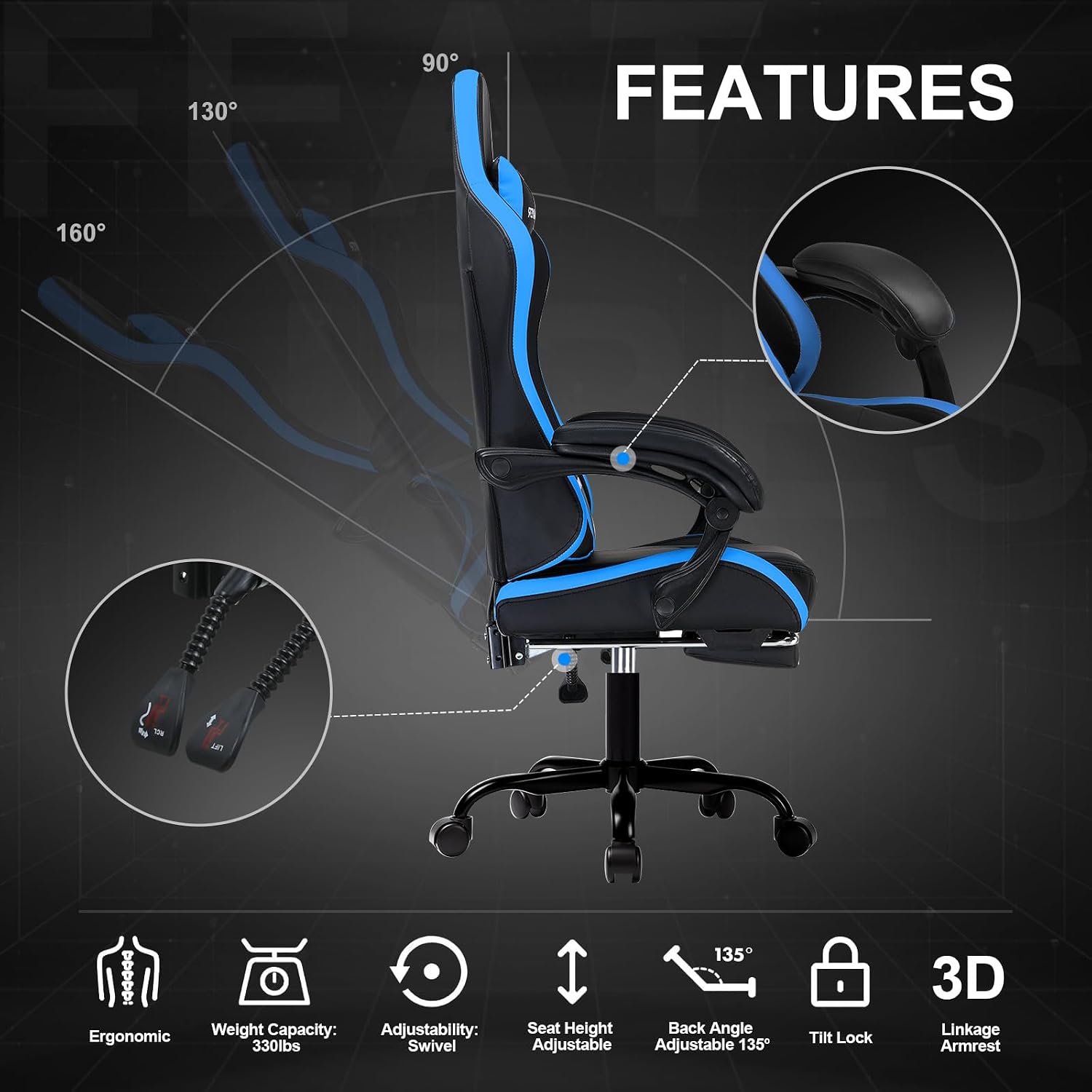 GTPLAYER Gaming Chair High Back Computer Chairs with Foot Rest for Adults, Ergonomic Height Adjustable Recliner Chair 300lbs with Linkage Armrest and Lumbar Support for Home Office, Blue