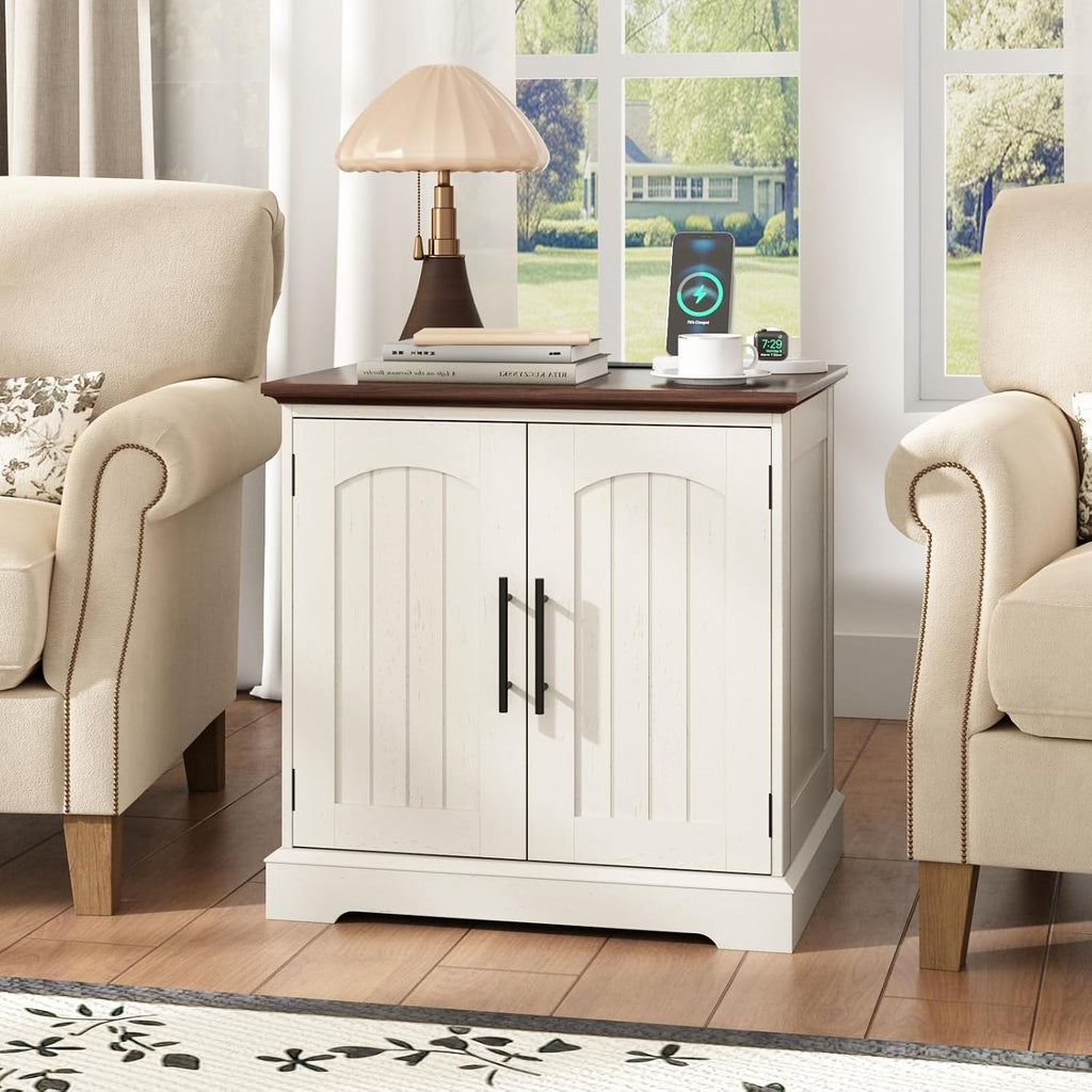 HOKYHOKY Rustic End Table with Charging Station, 24" Large Sofa Side Table with 2 Arched Doors, Farmhouse Wood Square Nightstand Bedside Tables with Adjustable Storage Shelf for Living Room, Bedroom