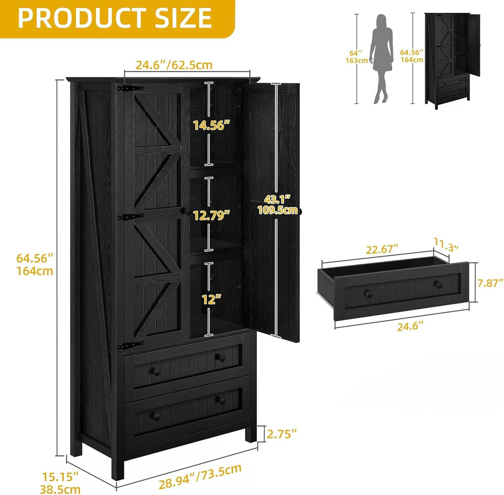 DWVO Farmhouse Kitchen Pantry Cabinet, 64.5" Tall Storage Cabinet with 2 Drawers and Adjustable Shelves, Versatile Storage for Living Room, Dining Room or Hallway, Oak Black