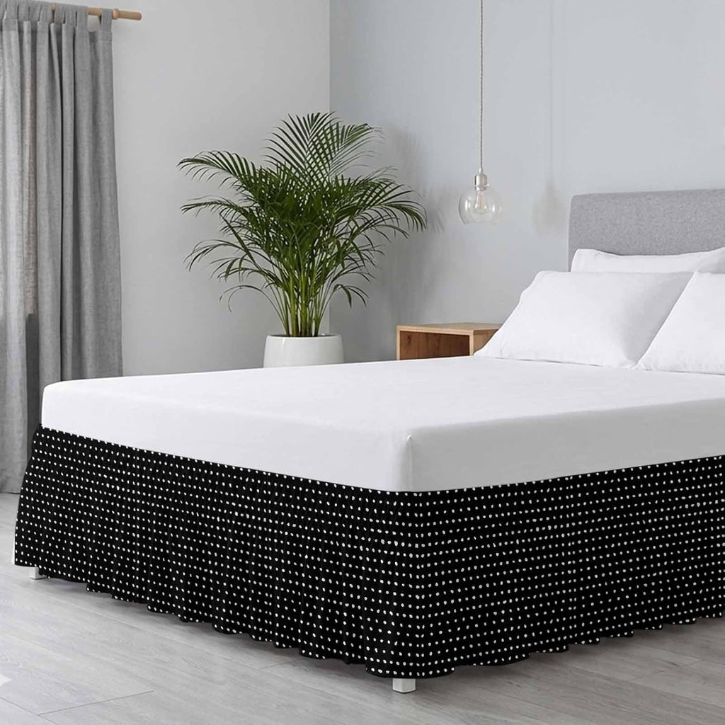 Black Bed Skirt Cal King Size 18 Inch Drop, Adjustable & Elastic Wrap Around Bed Skirts Pleated Luxury Dust Ruffles For Twin Full Queen Cal King Base Bed, Abstract White Polka Dot Geometric Modern Art