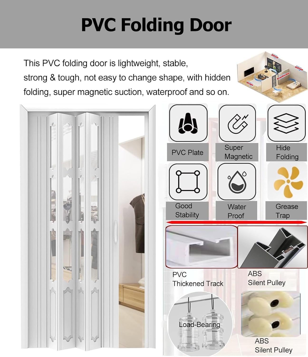White PVC Folding Door 80 Inch, Accordion Partition for Closet Interior with Hardware & Lock, Plastic Multifold Doors (48x80in)