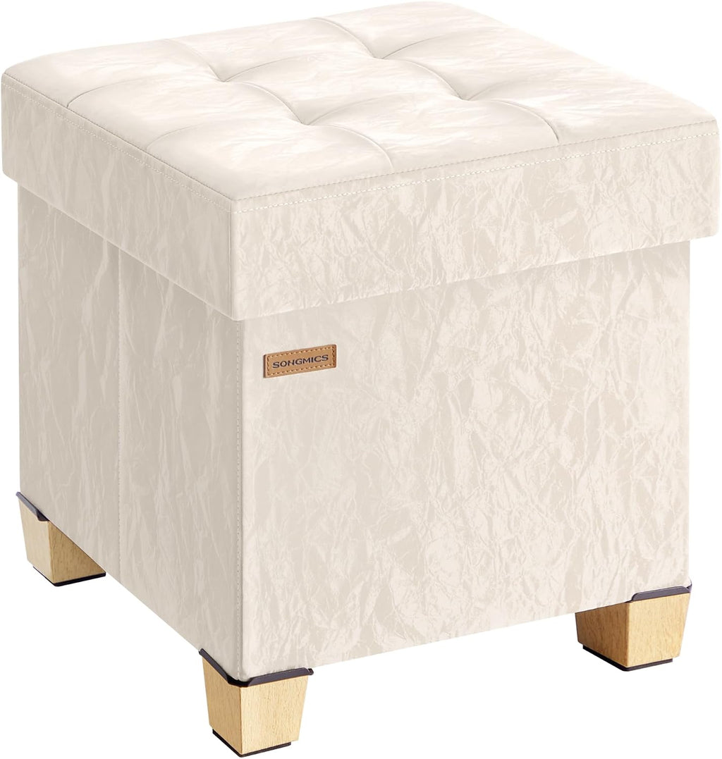 SONGMICS Storage Ottoman, Textured PU Leather Footstool with Legs, Footrest with Cushion, for Living Room and Bedroom, 15 x 15 x 15.7 Inches, White, Minota Collection ULSF523WD01