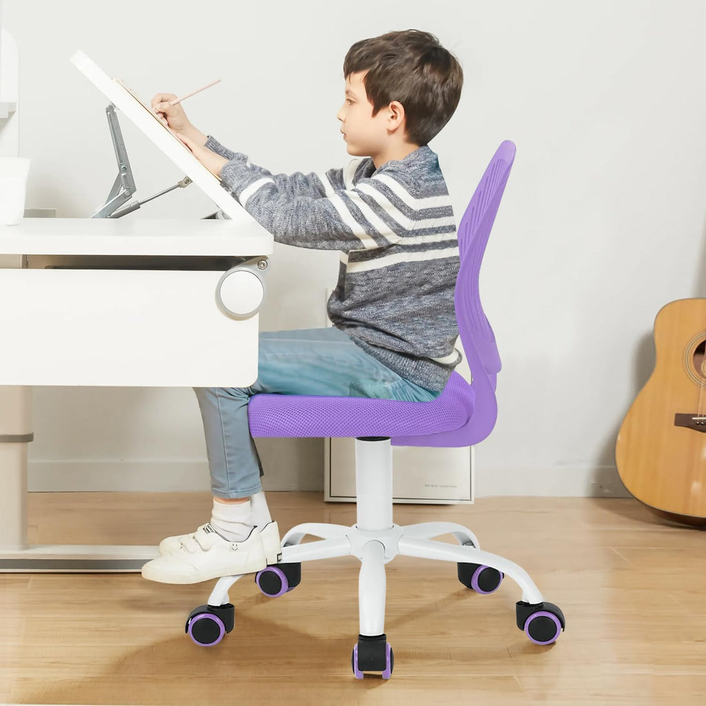 FurnitureR Purple Armless Desk Chair, Ergonomic Swivel Study Chair with Mesh Seat & Rolling Wheels, Lightweight Cute Task Chair for Creating a Cozy & Inspiring Kids’ Study Space — A Lovely Gift Choice