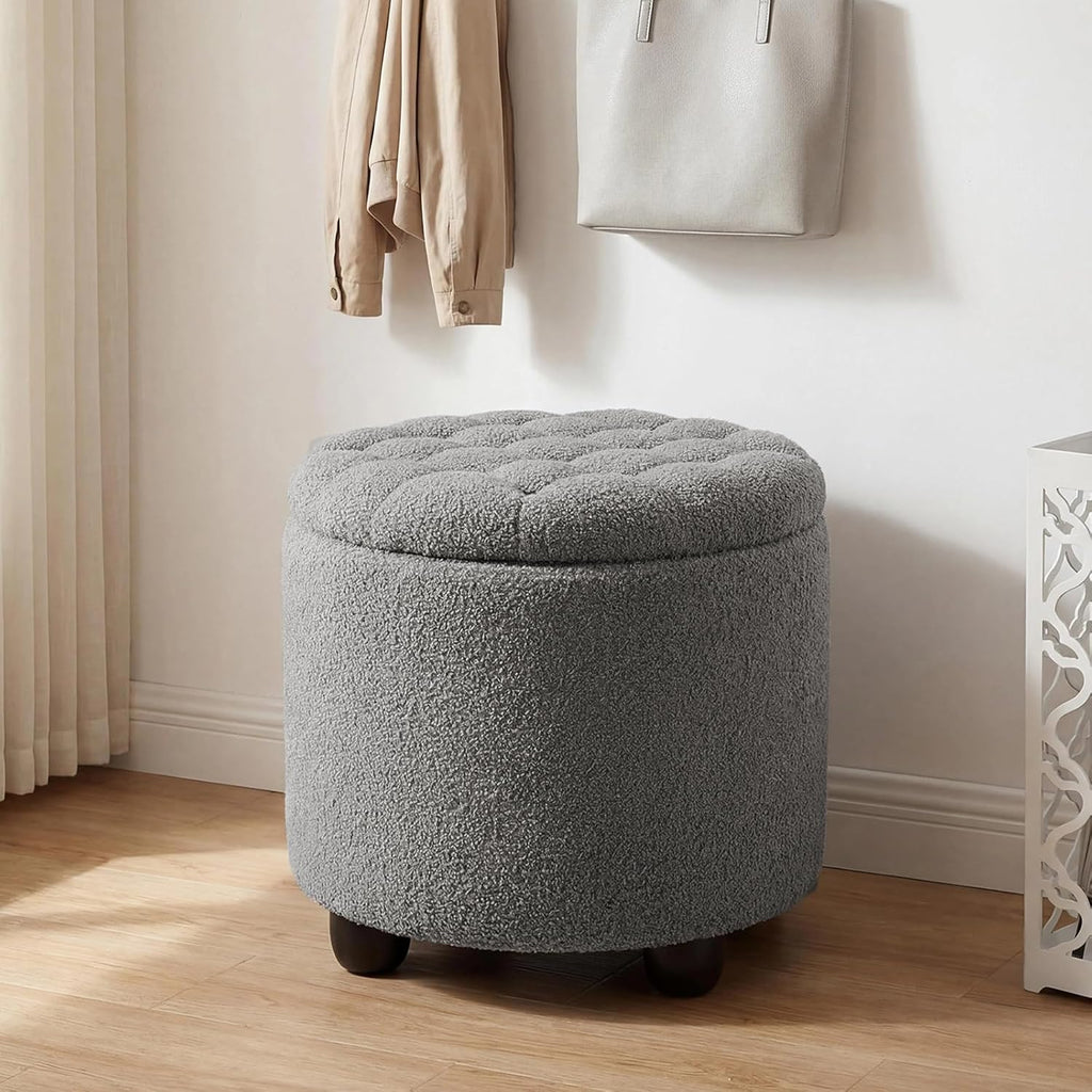 Furniliving Modern Round Storage Ottoman, Upholstered Button Tufted Ottoman Footstool Ottomans with Removable Lid Storage Footstool for Living Room, Bedroom, Makeup Room, Teddy, Grey