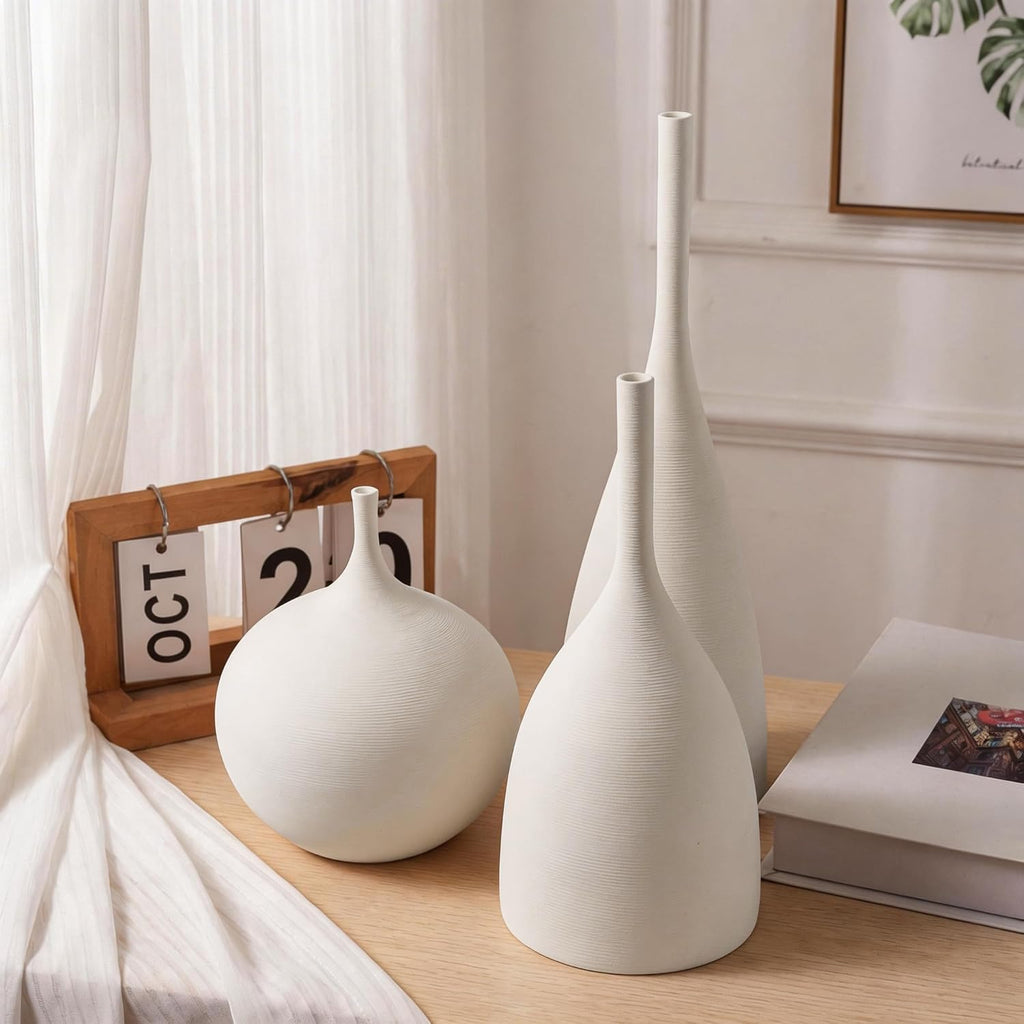 Relexome Ceramic Vase Set of 3 Neutral Vases Home Decor Modern Minimalist Decorative Vase Matte Ribbed Vases for Centerpieces Living Room Shelf Entryway Table Decor Beige