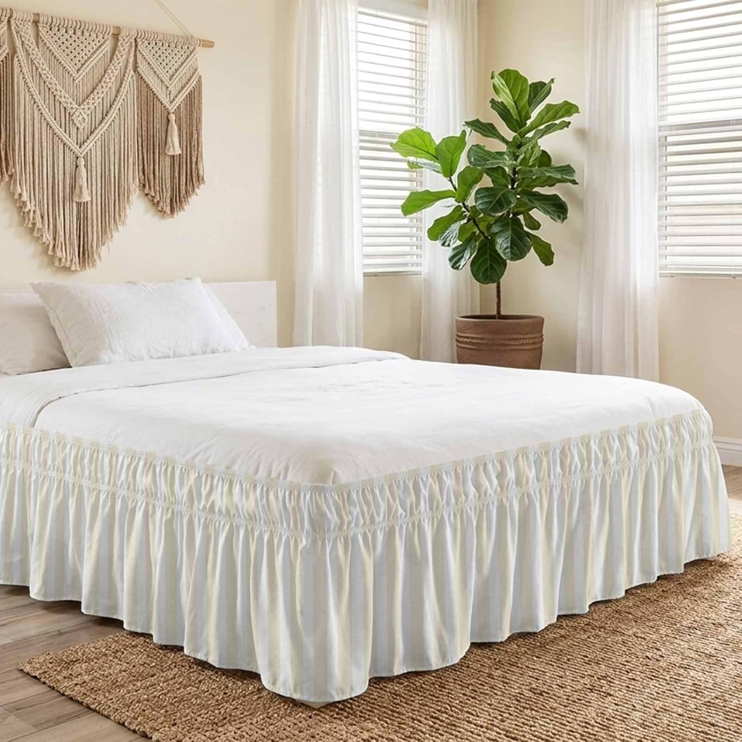 Cream Striped Bed Skirt King Size Bed Skirting 16 Inch Drop Adjustable Elastic Dust Ruffles Wrap Around Bedskirt Pleated Modern Farmhouse Cream White Stripes Bedding Frame Cover for King Size Dorm