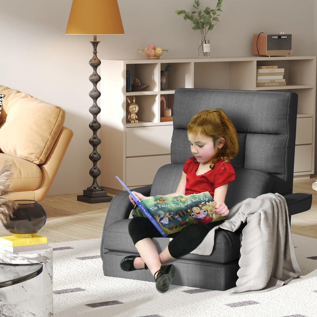 Floor Gaming Chair, 6 Position Adjustable Indoor Chaise Lounge Chair for Teens Adults, Padded Folding Meditation Sofa Chair with Armrests and Pillow Comfy Chair for Teens, Adults, Pets - Black