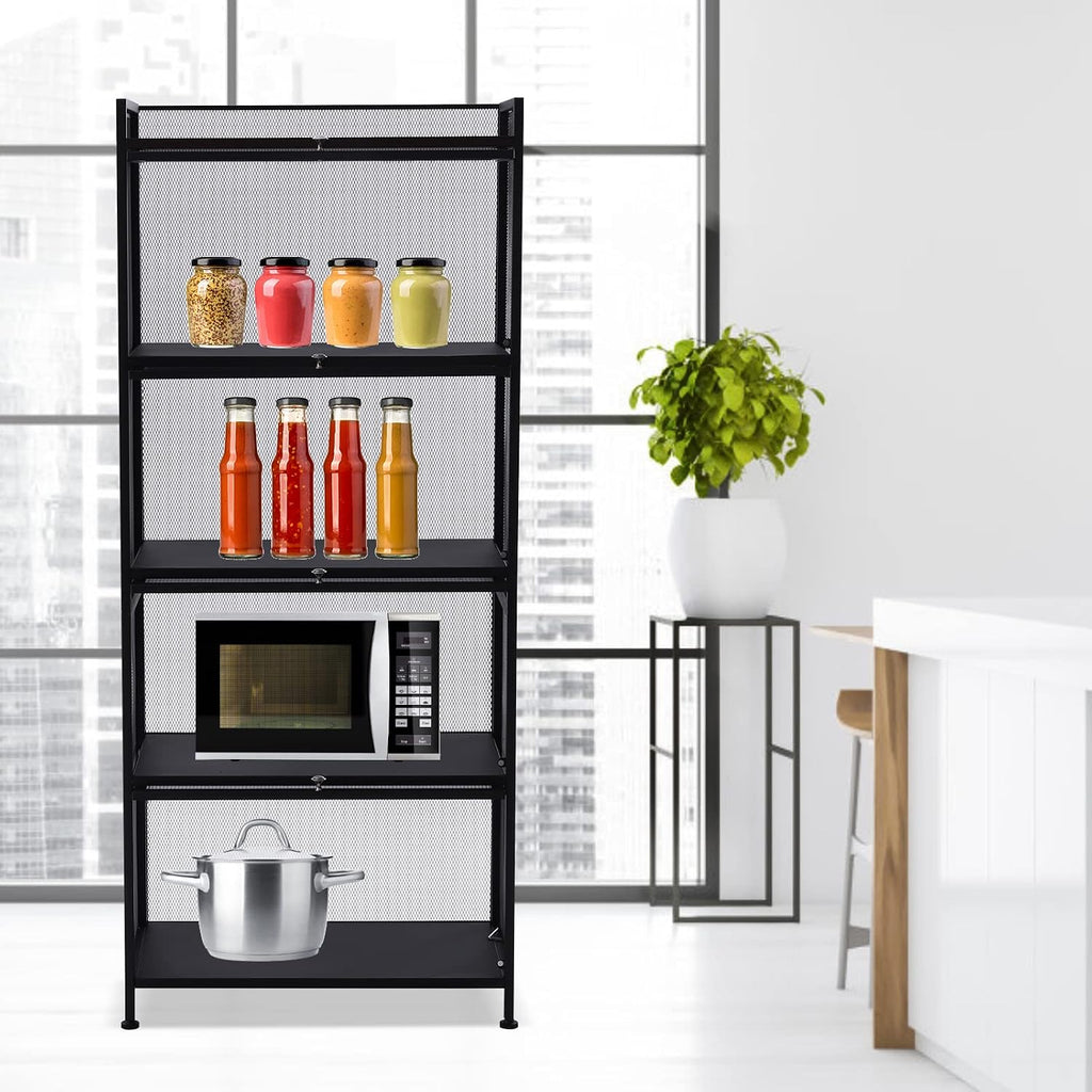 60x32x141.5cm Black Mesh Pantry Rack, 5-Tier Storage Cabinet with Flip-Up Doors, Rolling Wire Shelf Organizer for Kitchen Garage, Narrow Slim Cart on Wheels, Locking Casters, Adjustable Leveling Feet