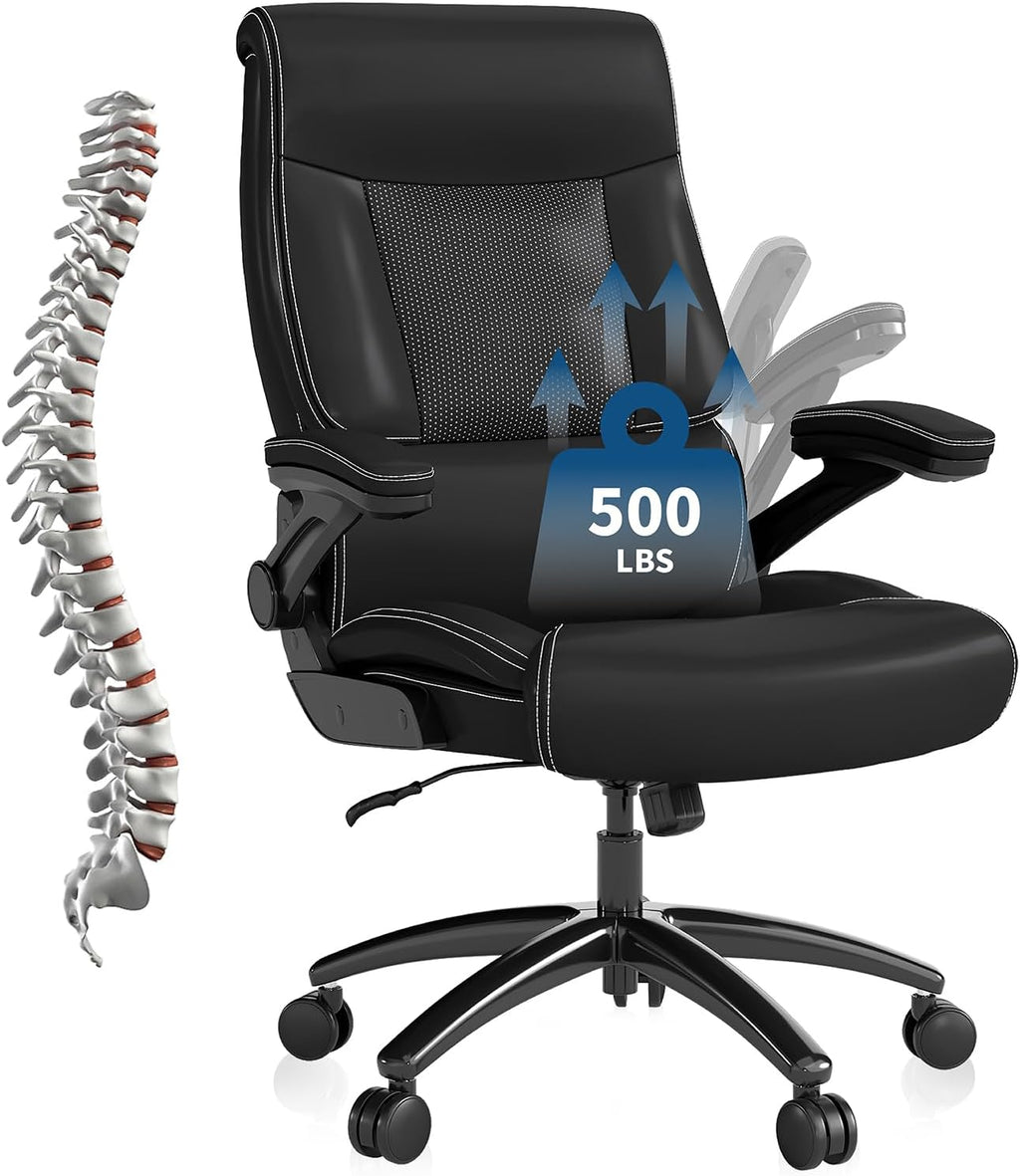 Ergonomic Big and Tall Office Chair, 500LBS PU Leather Executive Desk Chair with Lumbar Support and Flip-up Armrests, High Back, for Home and Office, Black