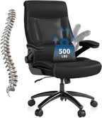 Ergonomic Big and Tall Office Chair, 500LBS PU Leather Executive Desk Chair with Lumbar Support and Flip-up Armrests, High Back, for Home and Office, Black