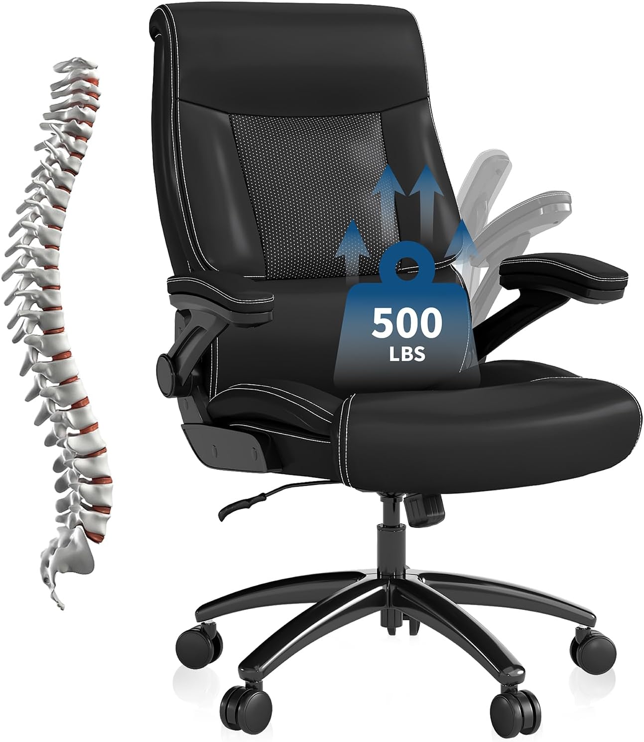 Ergonomic Big and Tall Office Chair, 500LBS PU Leather Executive Desk Chair with Lumbar Support and Flip-up Armrests, High Back, for Home and Office, Black