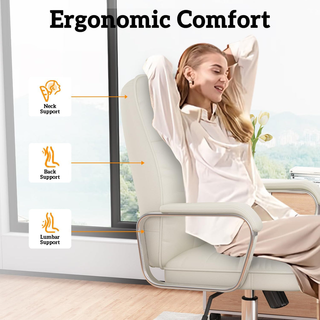 White Office Chair with Soft Leather, Swivel Executive Office Desk Chair with Wheels and Padded Arms, Adjustable Height