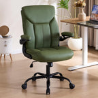 Leather Executive Office Chair - Ergonomic Computer Chair with Flip-up Arms Comfy PU Leather Home Desk Chairs Mid Back Support Adjustable Height Tilt Lock Swivel Rolling Wheels, Green