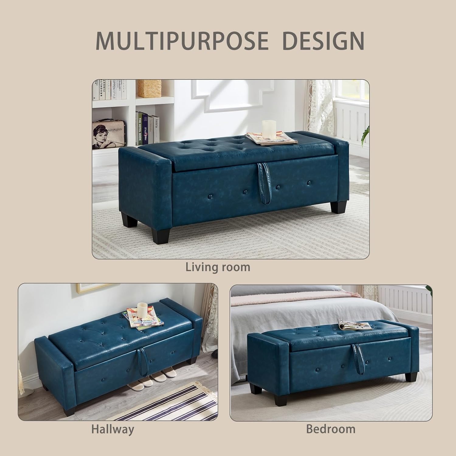 Storage, Bench for Bedroom,Living Room,Hallway, Upholstered Tufted Faux Leather Ottoman Blue