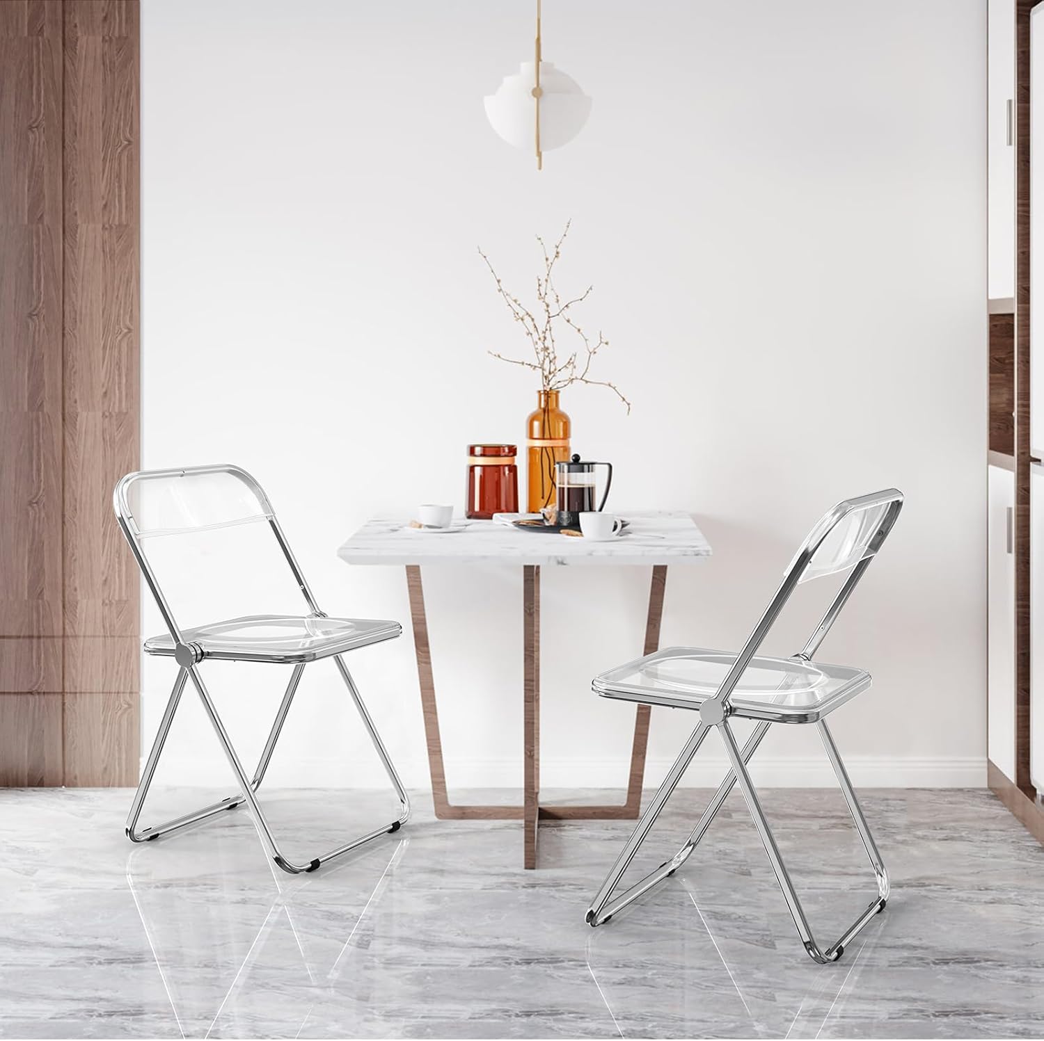 VINGLI Acrylic Folding Chairs 2 Pack, Clear Chair Foldable and Stackable, Plastic Panel & Metal Chrome Frame, Weight Capacity 350 lbs, Transparent