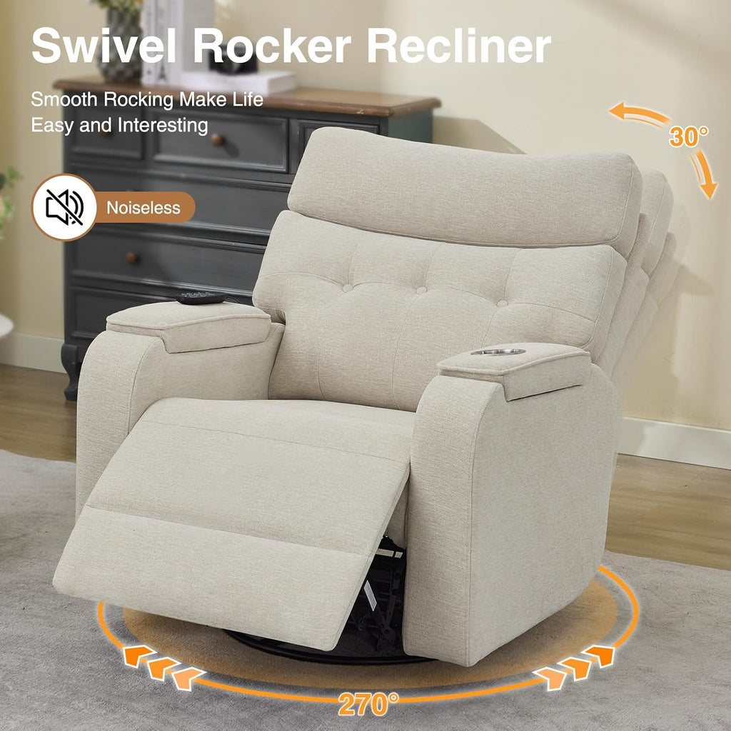 Power Swivel Rocker Recliner with Massage & Heat, Power Glider Recliners with Type-C Port & Timing, Oversized Swivel Glider Recliner with Dual Storage Arms & Cup Holder, Chenille Camel