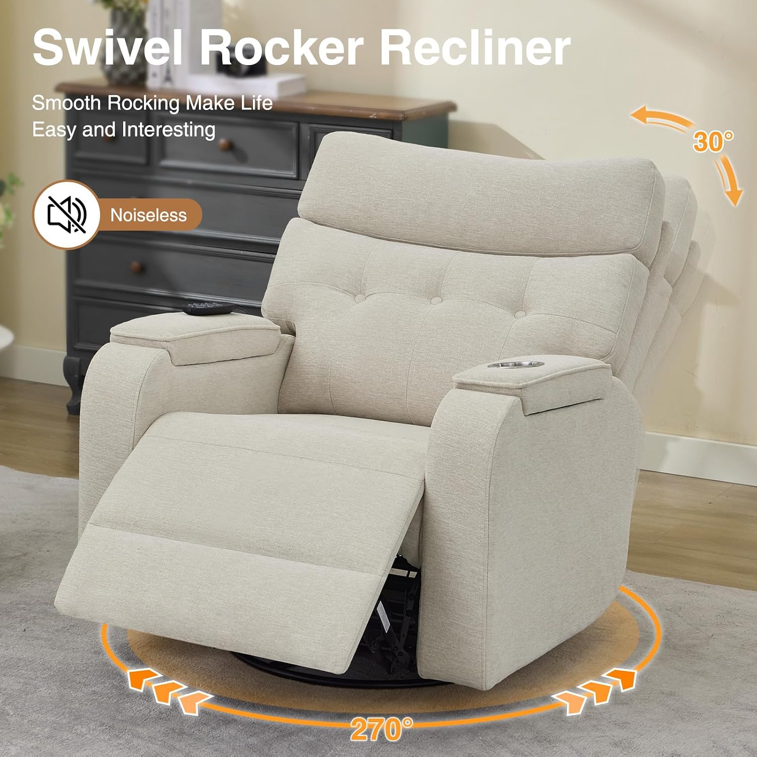 Power Swivel Rocker Recliner with Massage & Heat, Power Glider Recliners with Type-C Port & Timing, Oversized Swivel Glider Recliner with Dual Storage Arms & Cup Holder, Chenille Camel