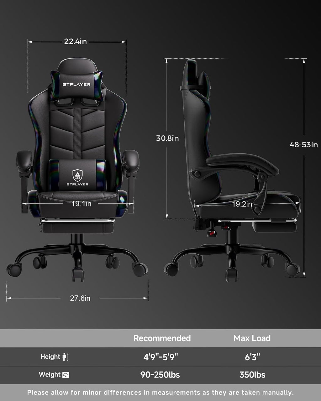 GTPLAYER Gaming Chair, Ergonomic Computer Office Chairs for Adults with Footrest, Height Adjustable, Linkage Armrests, 90-155° Recline & Headrest Lumbar Support, Black