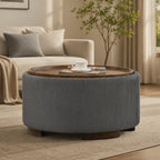 29.5-Inch Round Coffee Table Ottoman with Storage, Multi-Functional Storage Ottoman and Stylish Coffee Table, Flip-Top Tray and Hidden Stow, Suitable for Living Room, Bedroom (Grey)
