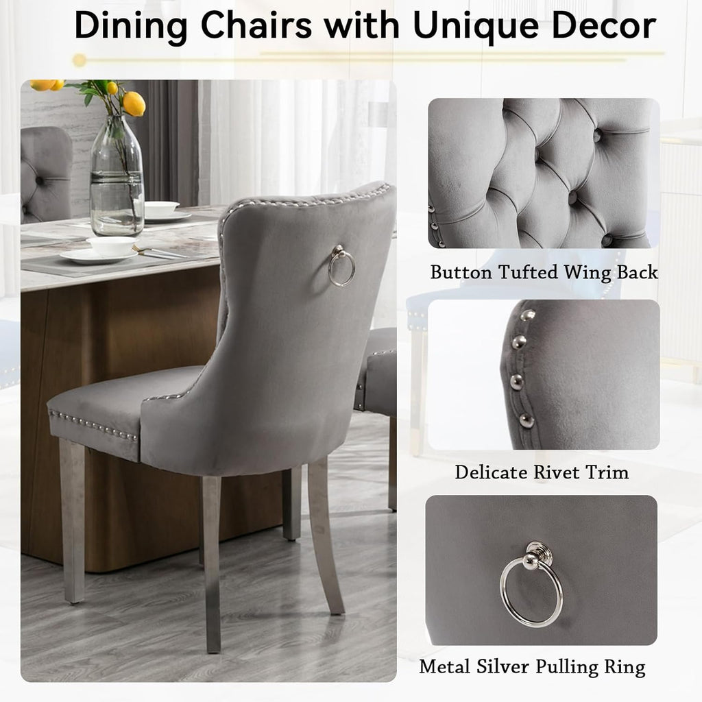 9-Piece Modern Dining Table Set with 8 Chairs, 94.5" Large Marble Kitchen Table & Grey Upholstered Chairs Set for 8, White Dining Room Table Set with Silver Stainless Steel Frame & Faux Mable Top