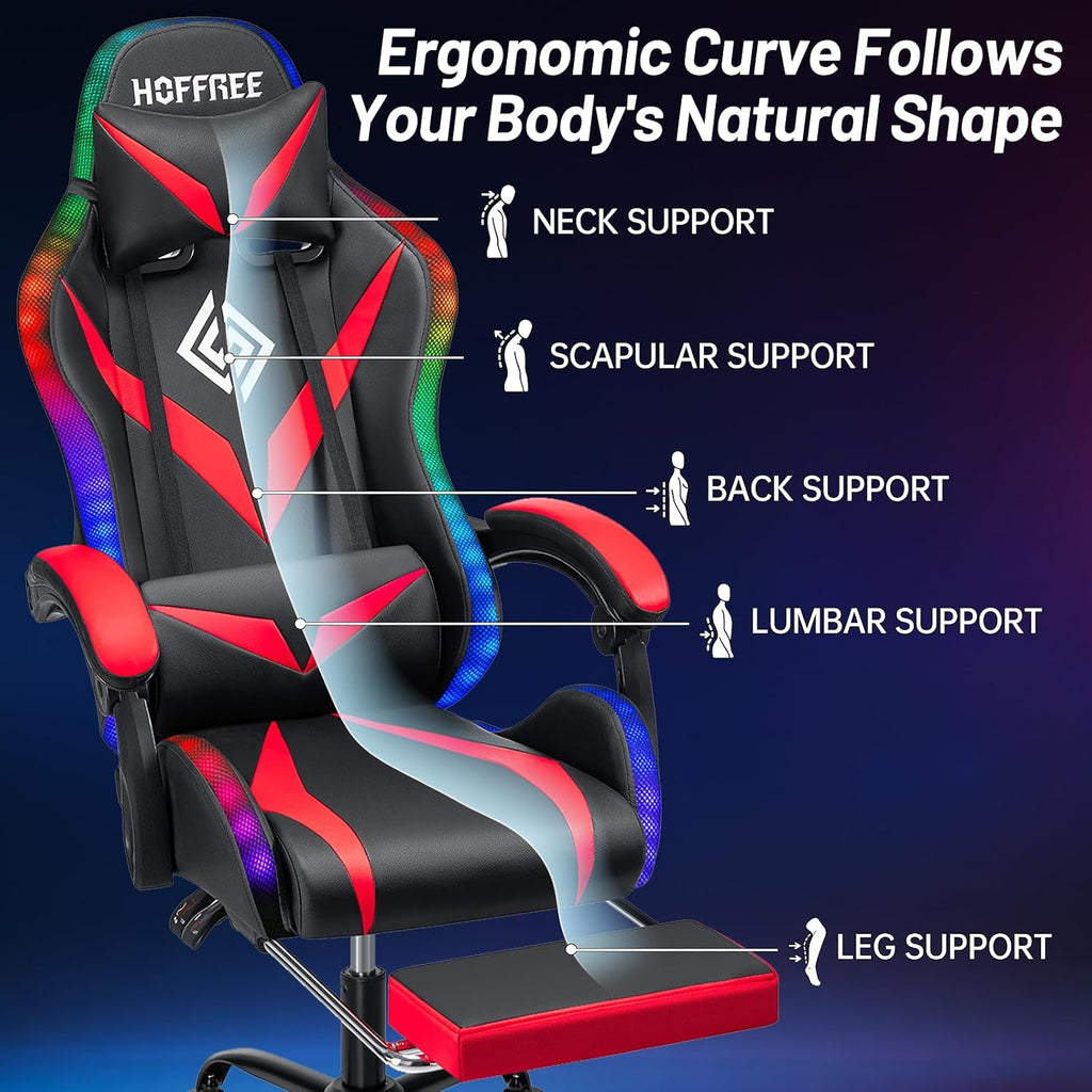 HOFFREE RGB Gaming Chair with Speakers and Massage Ergonomic Computer Chair with Lights and Footrest Reclining Video Game Chairs for Adults Red and Black