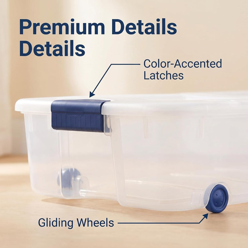 66 Quart Underbed Storage with Wheels, Clear Plastic Storage Container, with Latch Lid, for Bedroom, Closet, Garage, Blue