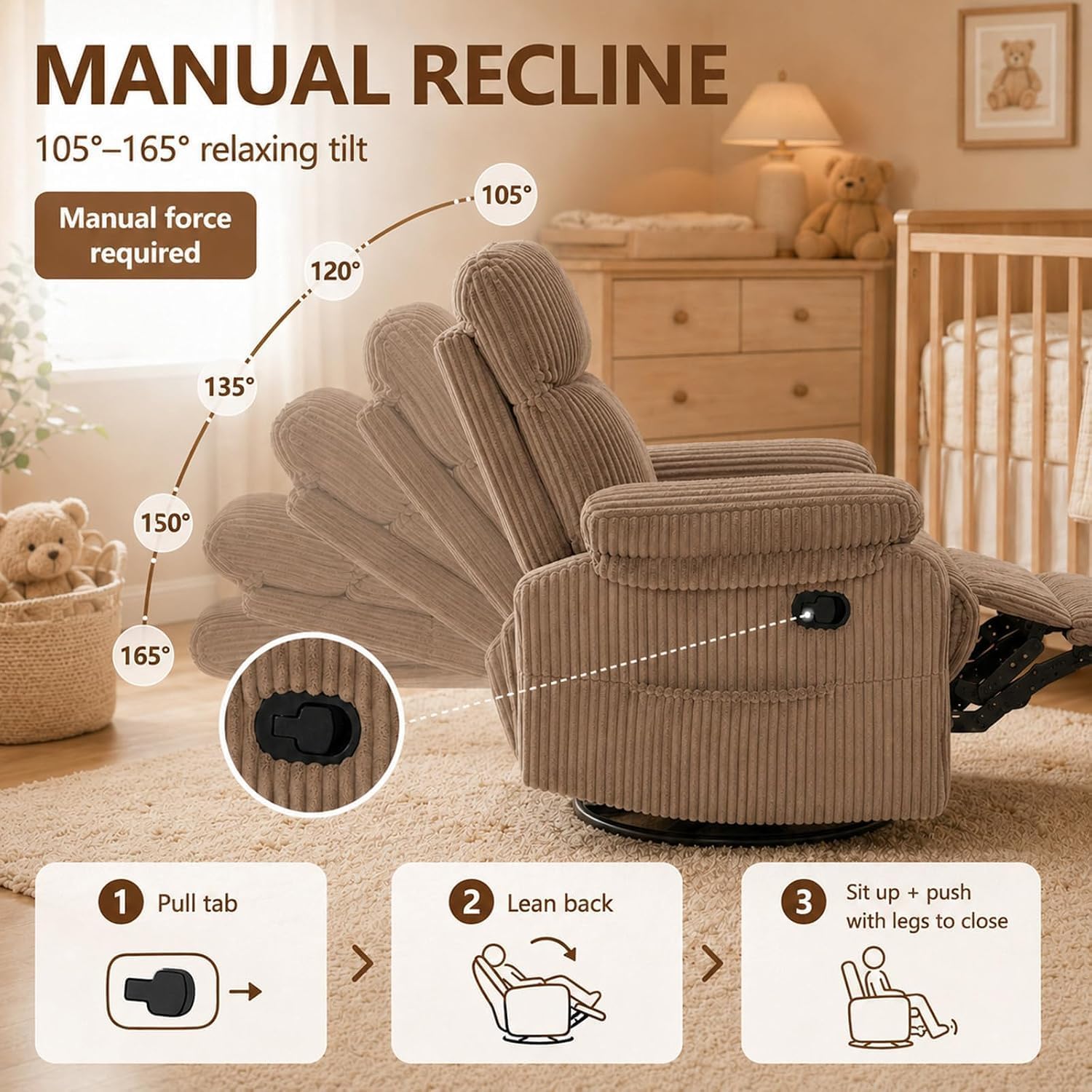 Super Soft Brown Rocking Chair Nursery Recliners, Small Recliner Rocking Chair for Small Spaces, Manual Swivel Glider Recliner for Living Room Bedroom Office, Corduroy, Adjustable Backrest (Brown, 1)
