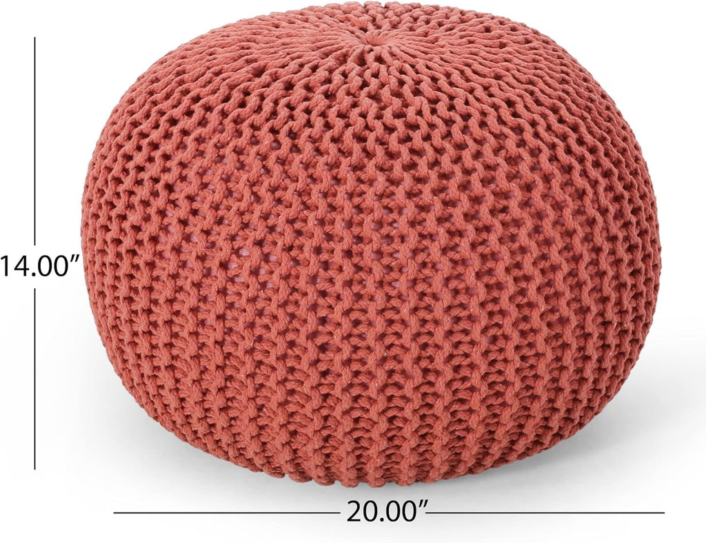 Poona Handcrafted Modern Cotton Pouf, Coral, Soft Upholstered Ottoman with Tassels, Boho Floor Seating for Living Room Bedroom and Nursery