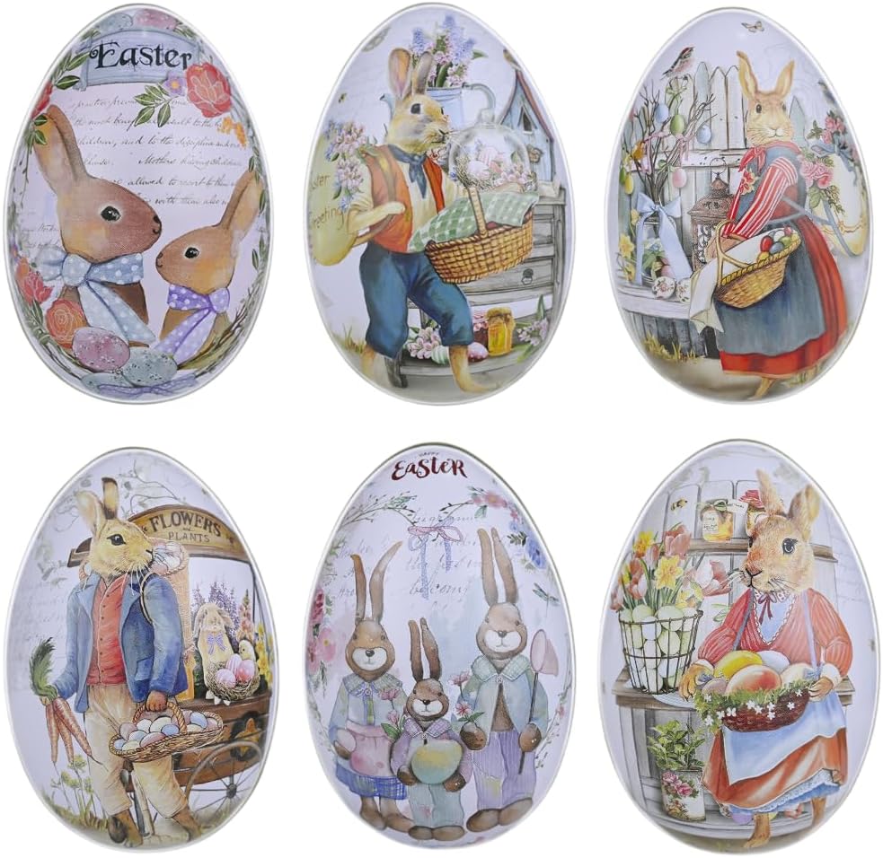 Vintage Easter Egg Tin Box (Style C), Metal Rabbit Easter Egg Containers for Candy & Treats, Reusable Decorative Gift Tin