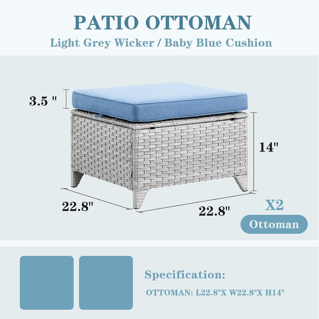 Wicker Outdoor Ottomans Set of 2 - Handwoven Rattan Outdoor Footrests for Patio, All Weather Footstools with Removable Cushions for Porch, Balcony, Deck & Garden - Light Gray/Baby Blue