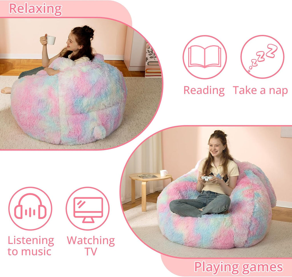 Achicsofar Bean Bag Chair for Adults Teens Giant Fluffy Plush Bean Bag Sofa with Filler Faux Fur Rabbit Shaped Beanbag Chairs Comfy Accent Floor Couch for Gaming, Reading in Bedroom, Living Room, Dorm