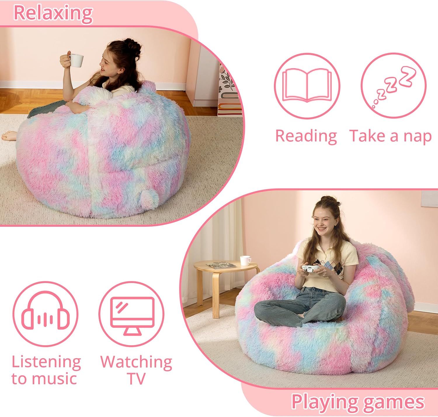 Achicsofar Bean Bag Chair for Adults Teens Giant Fluffy Plush Bean Bag Sofa with Filler Faux Fur Rabbit Shaped Beanbag Chairs Comfy Accent Floor Couch for Gaming, Reading in Bedroom, Living Room, Dorm