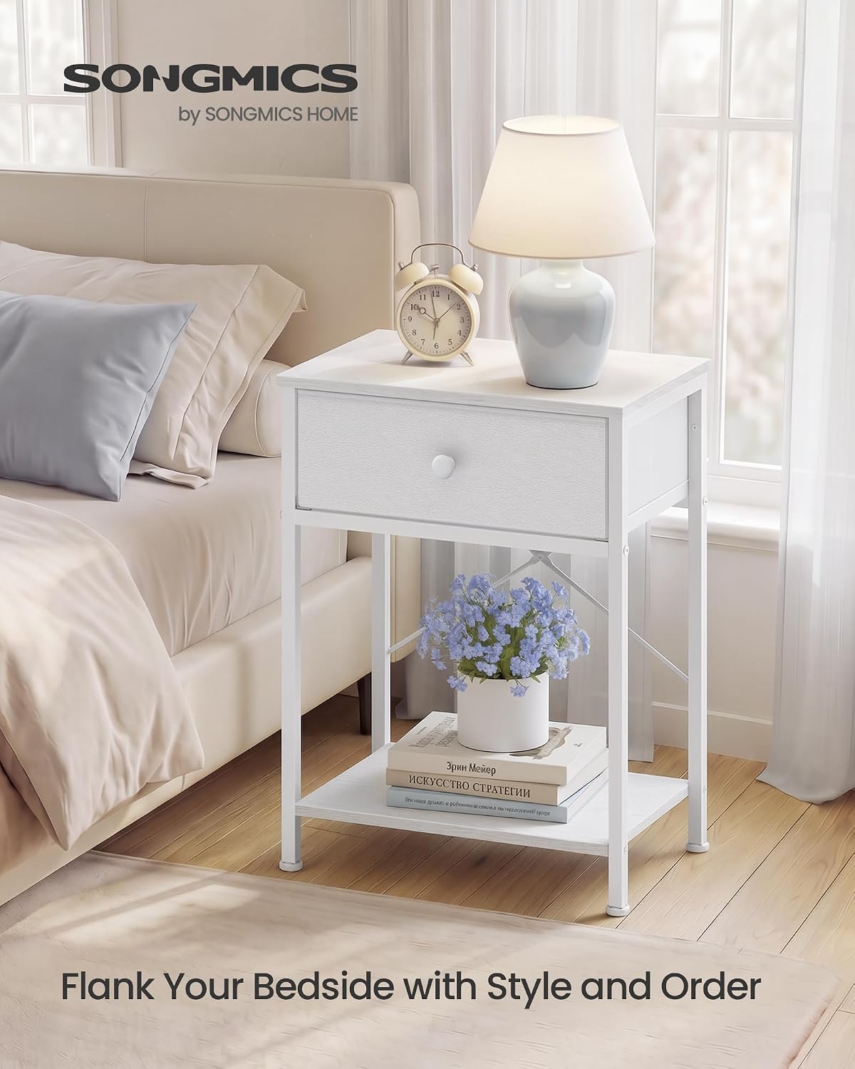 SONGMICS Bedside Table, Side End Table with Drawer, Nightstand with Lower Shelf for Bedroom, Living Room, 11.8 x 15.6 x 23.8 inches, Cloud White, BELLAH Collection ULGS101W101S