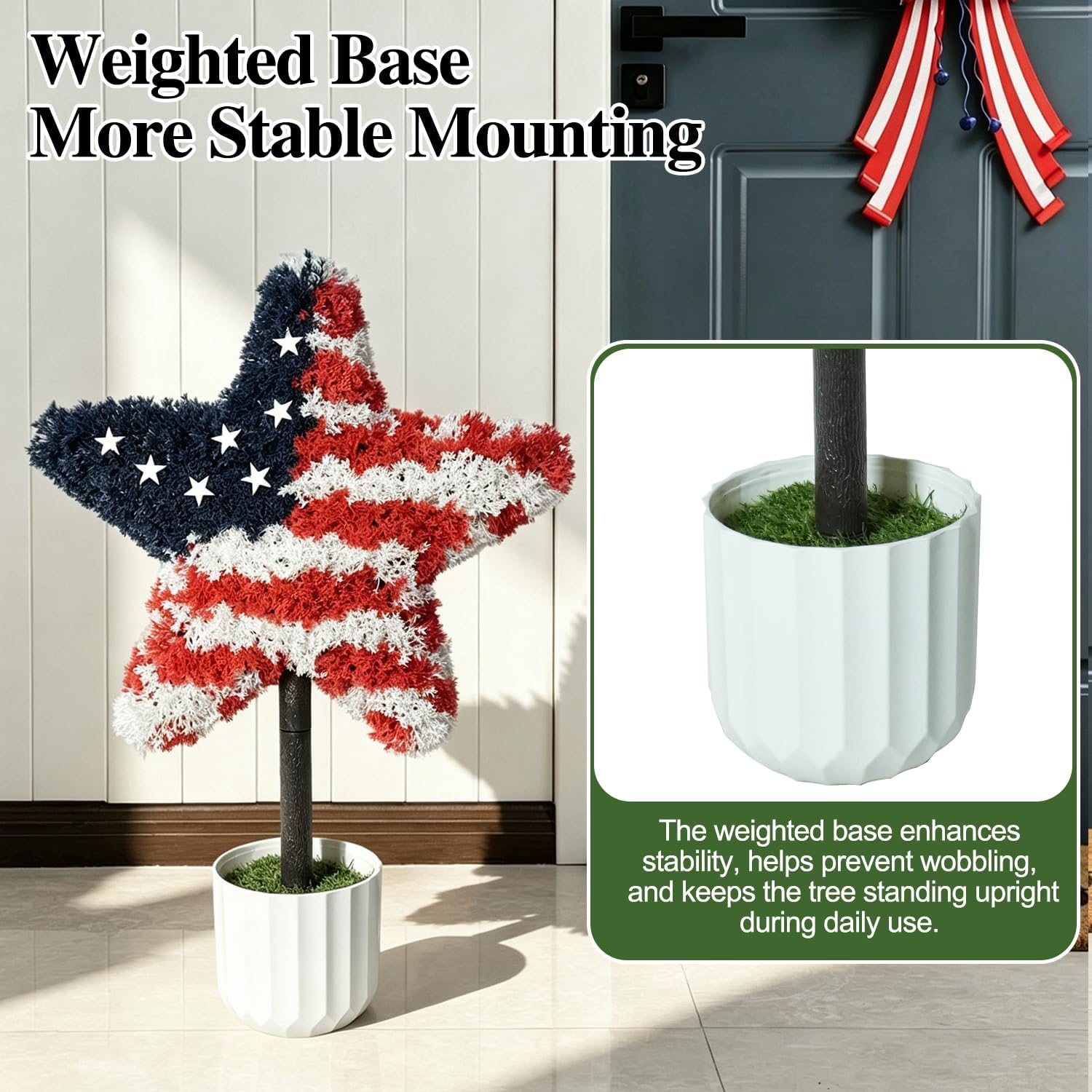 2 Pack Star Topiary Trees for 4th of July Decoration, Outdoor Artificial Plant with Pot & Ground Spike, Front Porch Star Shaped Patriotic Decor w/4 USA Flags, for Memorial Day Independence Day