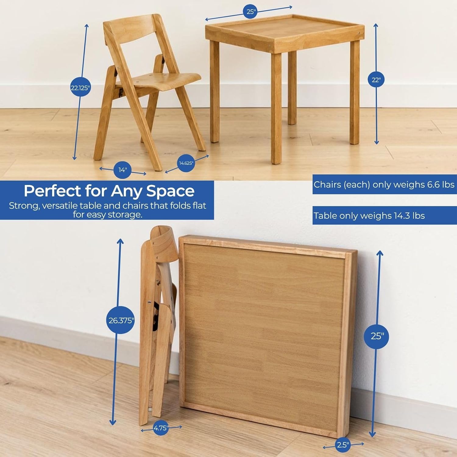 Stakmore Juvenile Children's Folding 3 Piece Natural Wooden Table and Chair Furniture Set with No Pinch Points for Kids Ages 3 and Up (3-Piece Set)