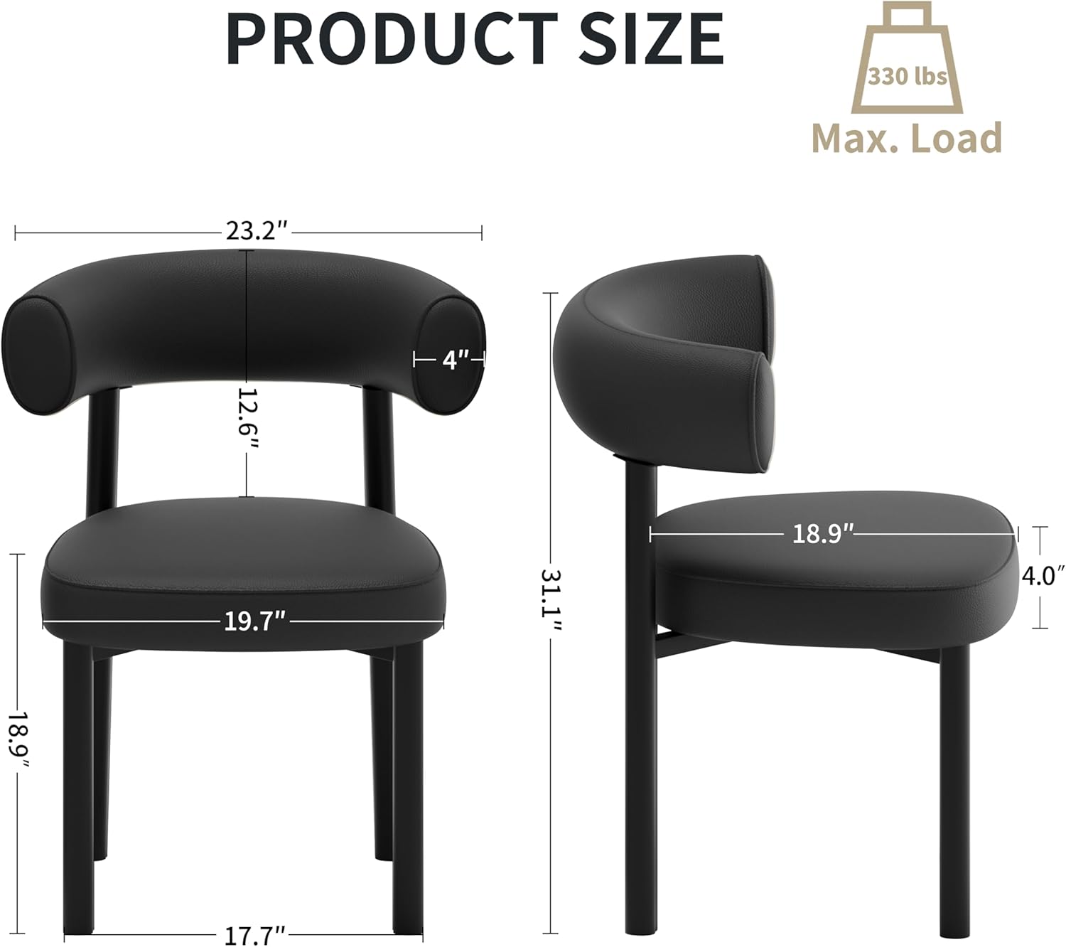 Dining Chairs Set of 2, Mid-Century Dining Room Chair, Carbon Steel Legs, Upholstered Seat, Textured Leather, Ergonomic Curved Backrest, Modern for Kitchen, Restaurant, Black