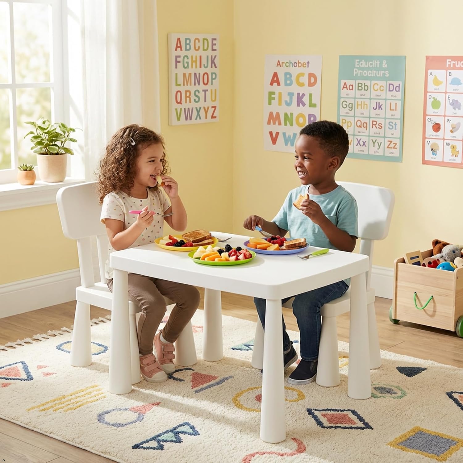 Costzon Kids Table and Chairs, 3 Piece Plastic Easy Clean Children Activity Desk for Reading, Drawing, Snack Time, Arts Crafts, Preschool, Kindergarten & Playroom, Toddler Table and Chair Set (White)