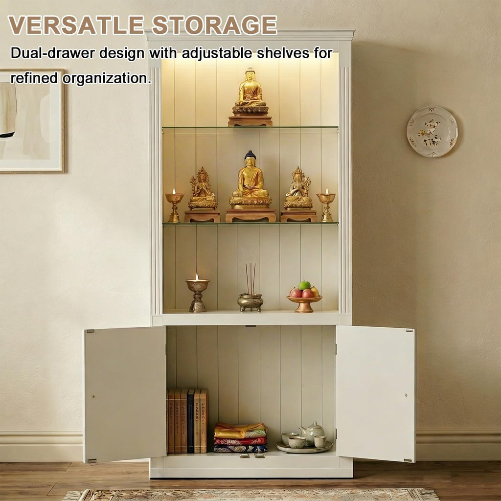 78.75''H Altar Table with 5-Colors Dimmable Ceiling Light, Storage Doors & Adjustable Glass Shelves, Buddhist Home Altar Cabinet for Living Room and Meditation Space (White)