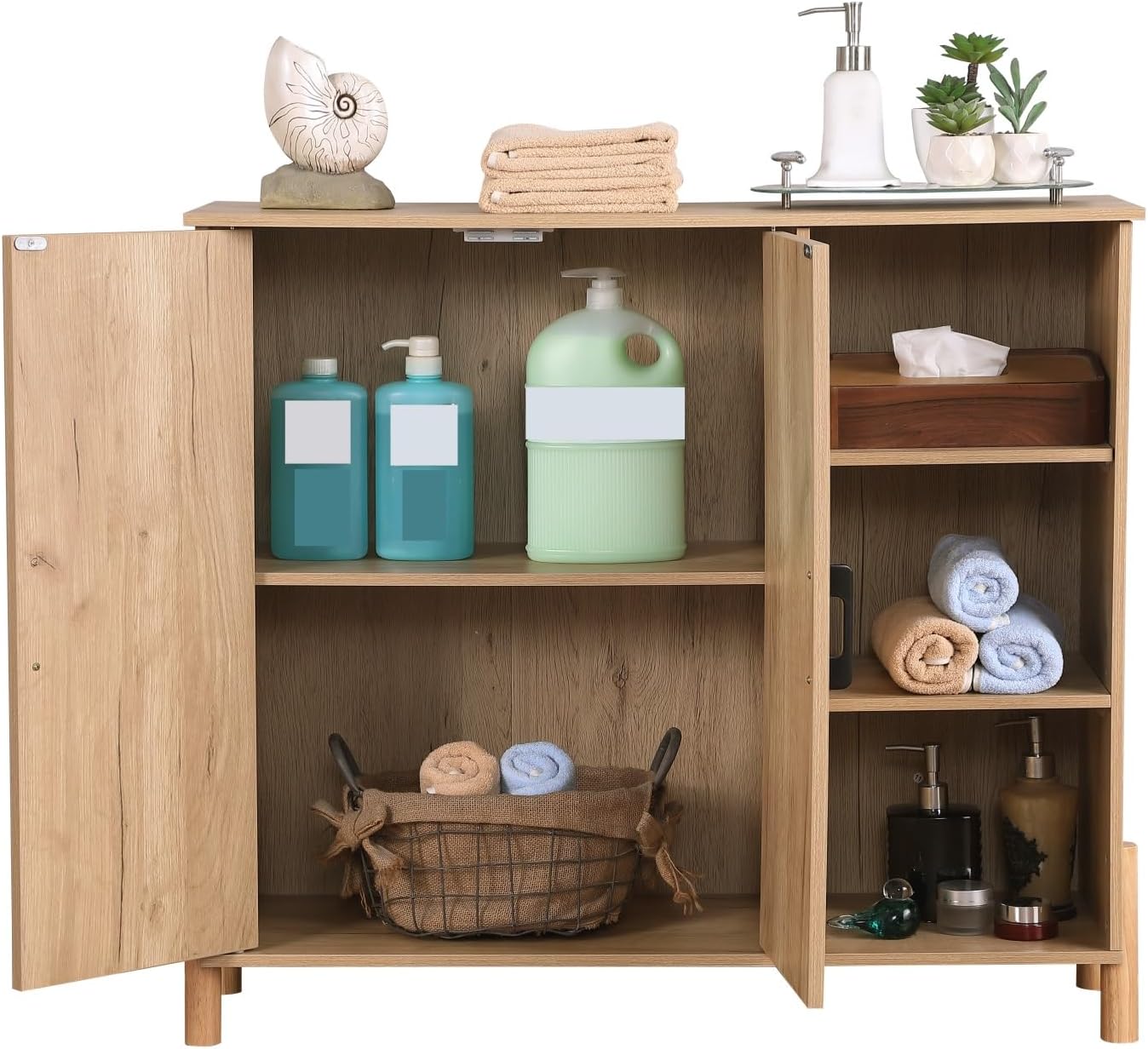 Mid-Century Modern Storage Cabinet, with Open Shelves & Adjustable Shelves, for Living Dining Room,for Kitchen Home