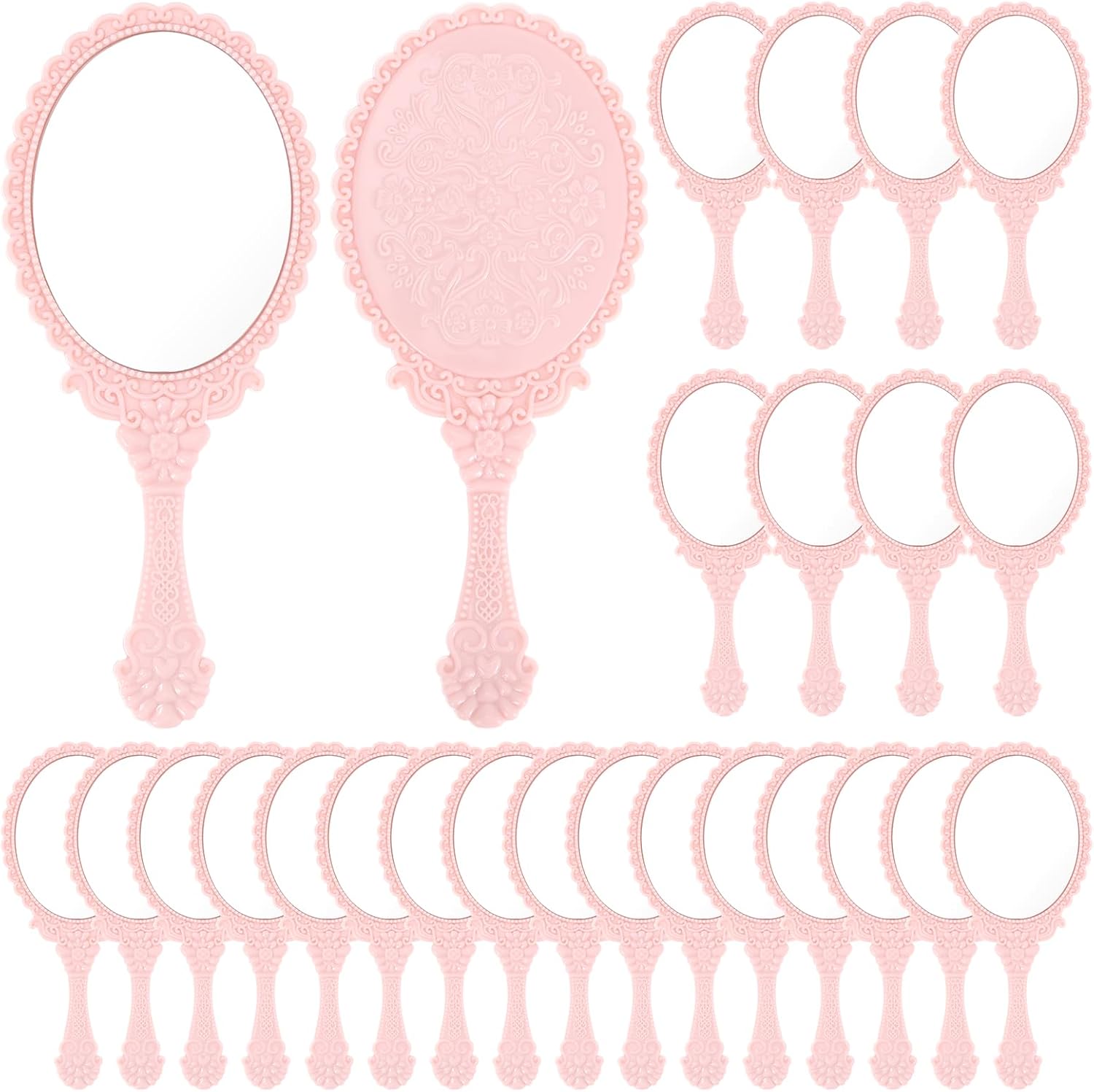 24 Pack Vintage Handheld Mirrors for Makeup, Pink Embossed Floral Portable Princess Mirror with Handle, Decorative Travel Cosmetic Purse Mirror for Women, Party Favors, Classroom