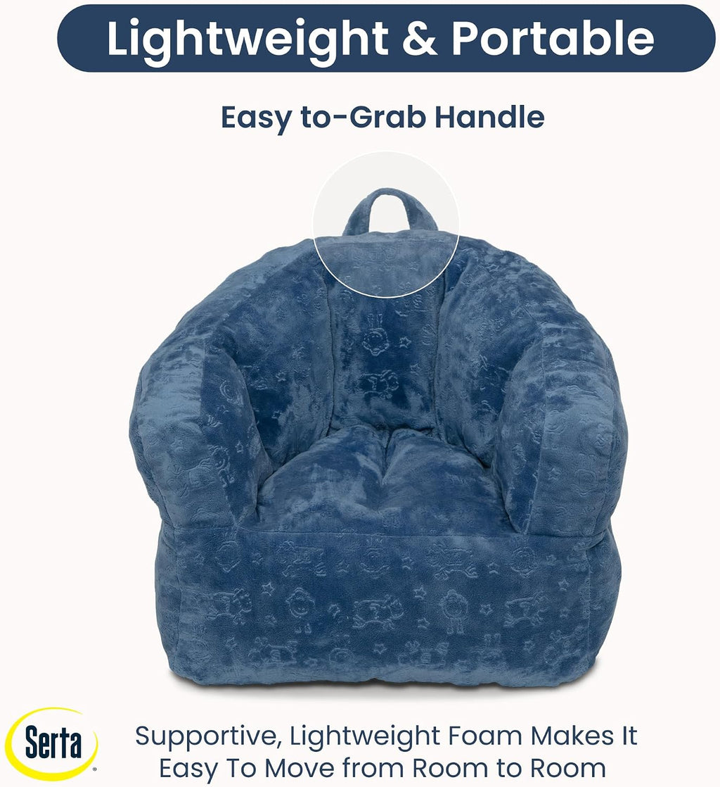 Delta Children - Serta Kids Plush Barrel Toddler Chair, Soft Foam Chair Bean Bag Chair Alternative for Boys and Girls, Cozy Seat for Reading, Watching Cartoons, Playroom Nursery Bedroom, Denim Blue