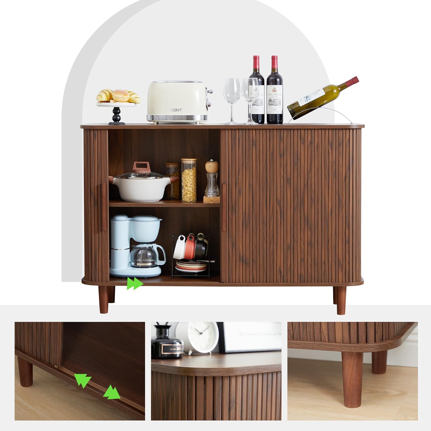 Fluted Sideboard Cabinet, Sideboard Buffet Cabinet with Storage and Sliding Doors, Modern Kitchen Storage Cabinet Coffee Bar Table for Living Room, Kitchen, Entryway (Walnut)