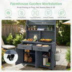 TOPMAX Potting Bench, Garden Prep Cart with Lockable Wheels, Large Storage Cabinet, Outdoor Kitchen Island, Drawers & Removable Shelves, Perfect for Grilling and Gardening Activities, Gray