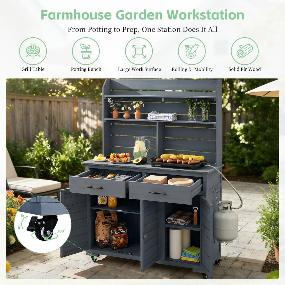 TOPMAX Potting Bench, Garden Prep Cart with Lockable Wheels, Large Storage Cabinet, Outdoor Kitchen Island, Drawers & Removable Shelves, Perfect for Grilling and Gardening Activities, Gray
