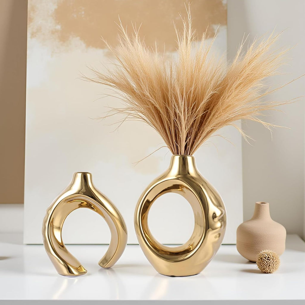 Ceramic Vase Set of 2 for Modern Home Decor,Round Boho Vase for Pampas Grass,Neutral Minimalist Statue for Dining Room Table Centerpiece Dining Room,Wedding Table Decoration (Gold1)