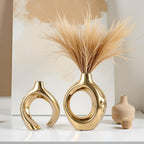 Ceramic Vase Set of 2 for Modern Home Decor,Round Boho Vase for Pampas Grass,Neutral Minimalist Statue for Dining Room Table Centerpiece Dining Room,Wedding Table Decoration (Gold1)